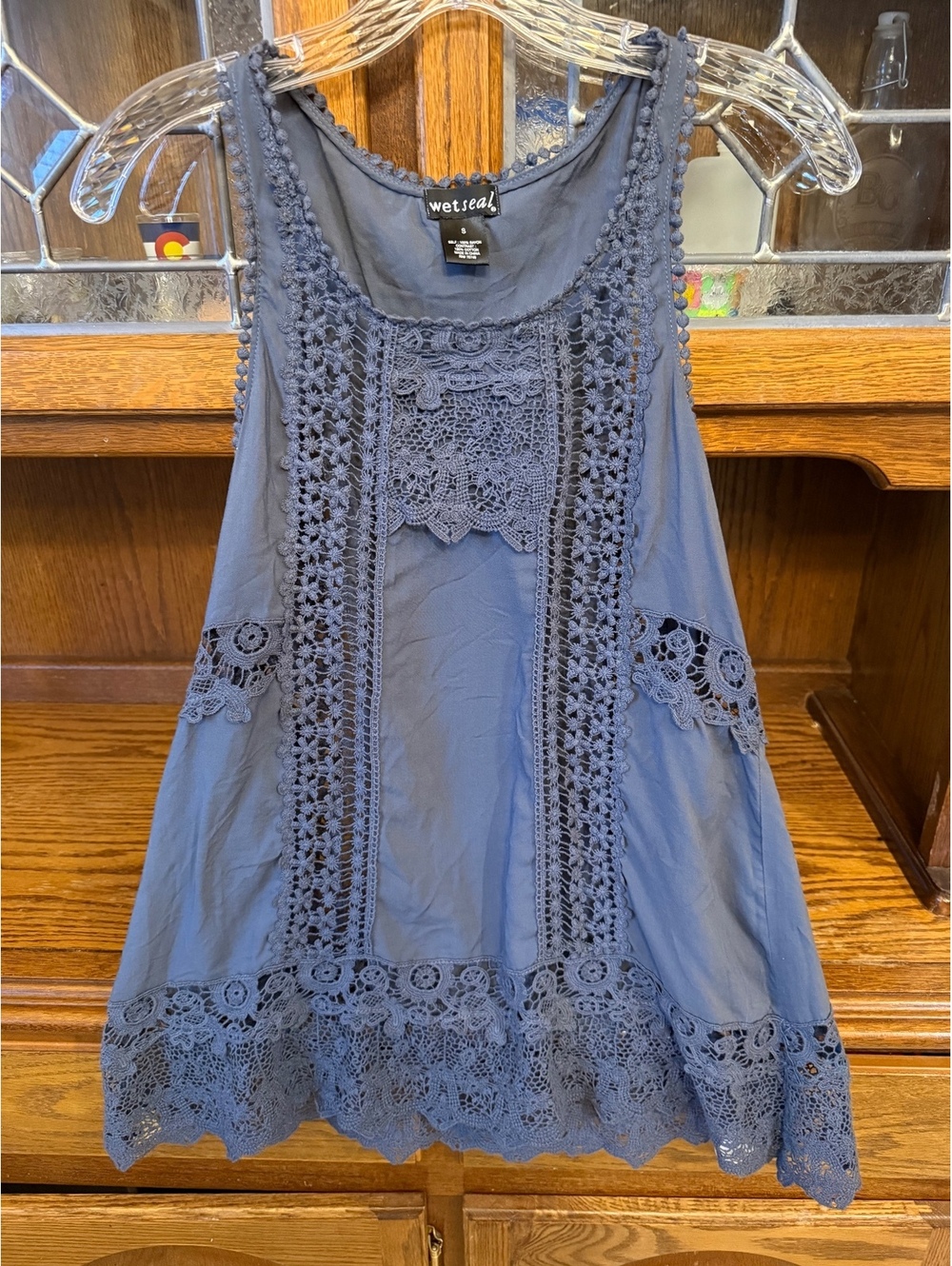 Wet Seal Y2K Crochet Lace Tank Top Boho Pom Pom Trim Slate Blue Small